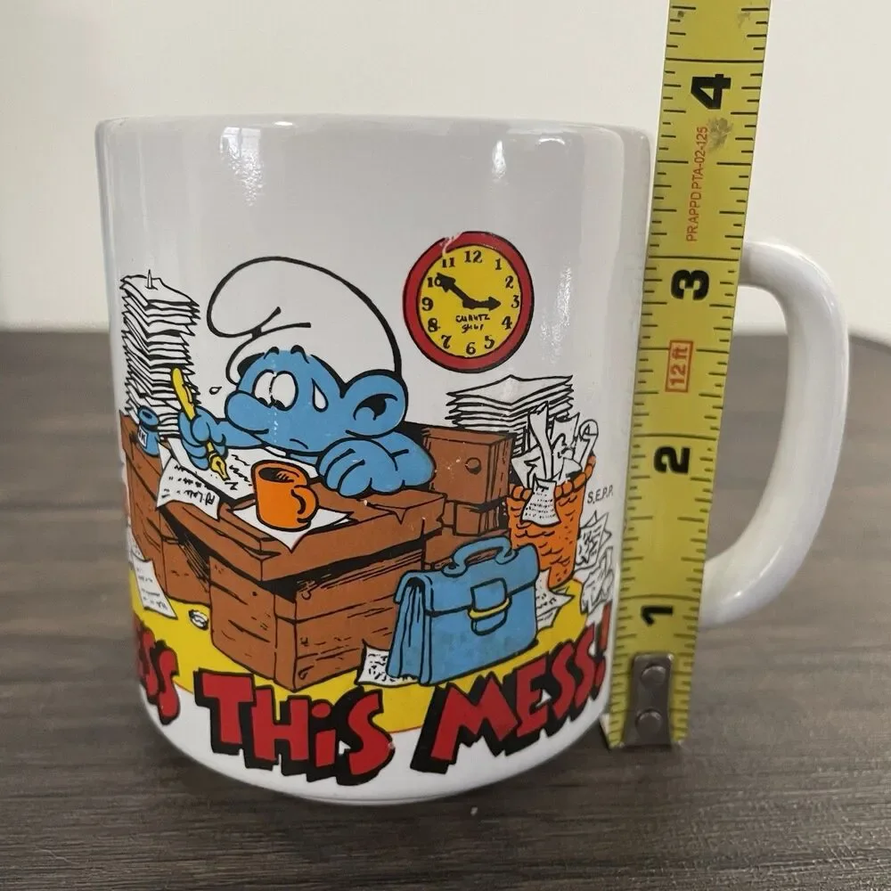 1981 Smurf Coffee Mug Cup BLESS THIS MESS Wallace Berrie Work Job Stress Vintage